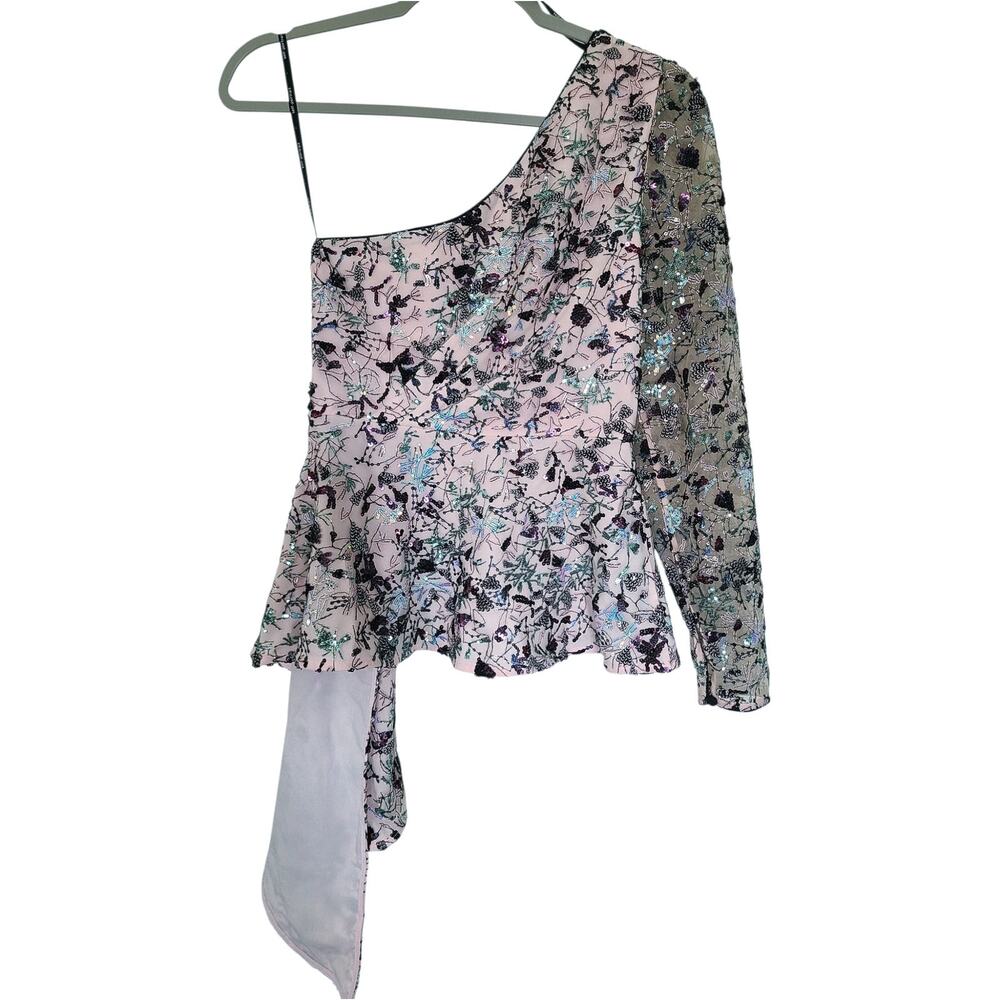 Self-Portrait Asymmetric Sequinned Floral Mesh One Shoulder Top Pink Size 2 - Picture 6 of 9